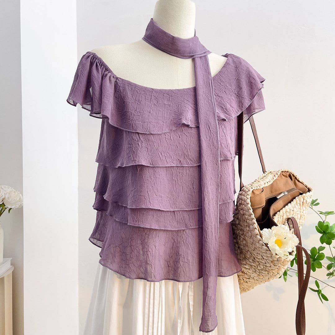 여름 착용 가져 가라. 오프숄더 반팔 오프숄더 보라색 맨위 여성 2026 새로운 여름 드레스 셔츠 디자인 센스 여성 셔츠 상세 이미지 4