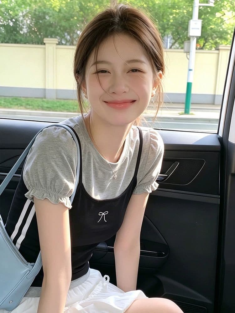 40 모달 와 사고 방식 1 1 여름 자이언트 잘 생긴 몸매 가꾸기 페이크 레이어드 거품 소매 상세 이미지 6