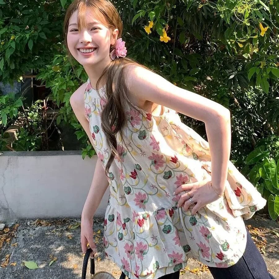 핑크색 꽃무늬 행침 목 슬립 조끼 스커트 여성 외출용 여름 무거운 작업 프린트 불규칙 프릴 민소매 맨위 상세 이미지 5