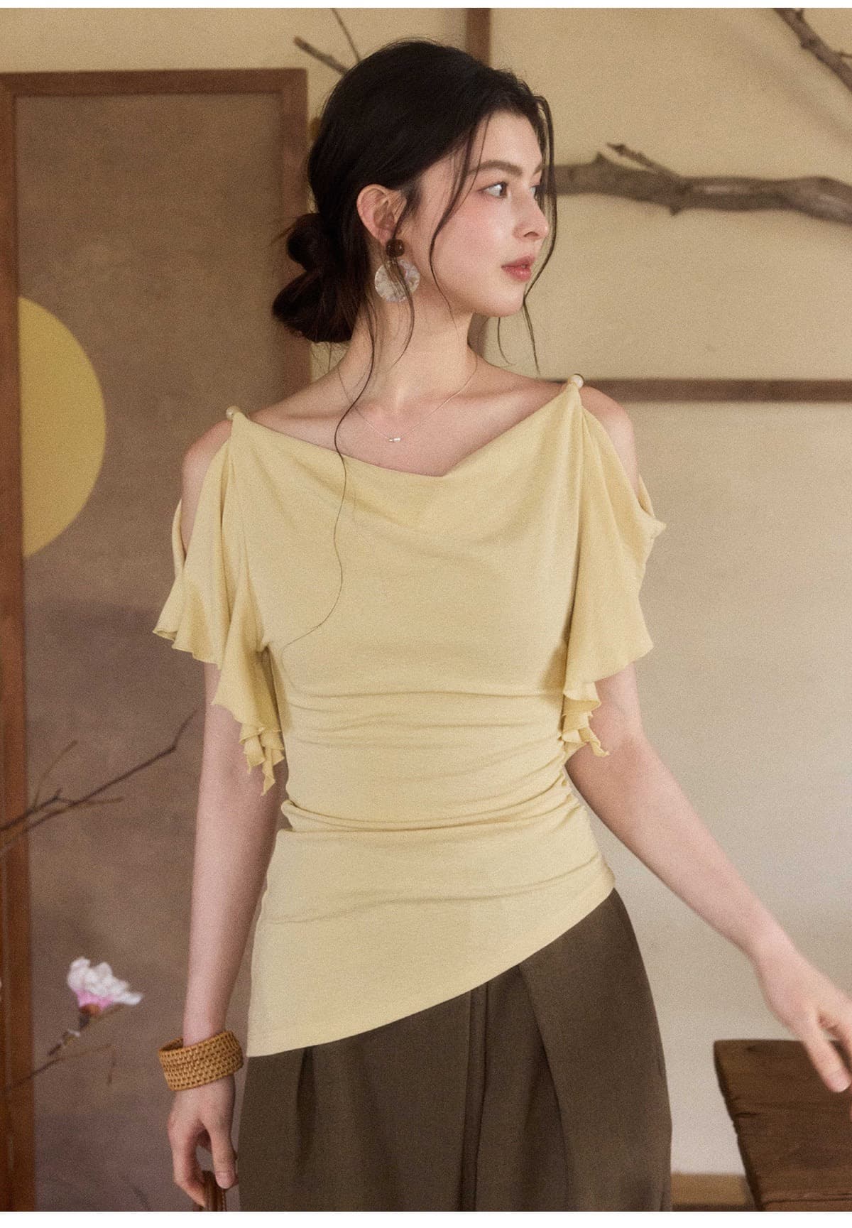 프랑스식 흔들다 칼라 프릴 오프숄더 티셔츠 여성 여름 디자인 센스 둘 착용 반팔 작은 셔츠 허리 수축 불규칙 맨위 상세 이미지 3