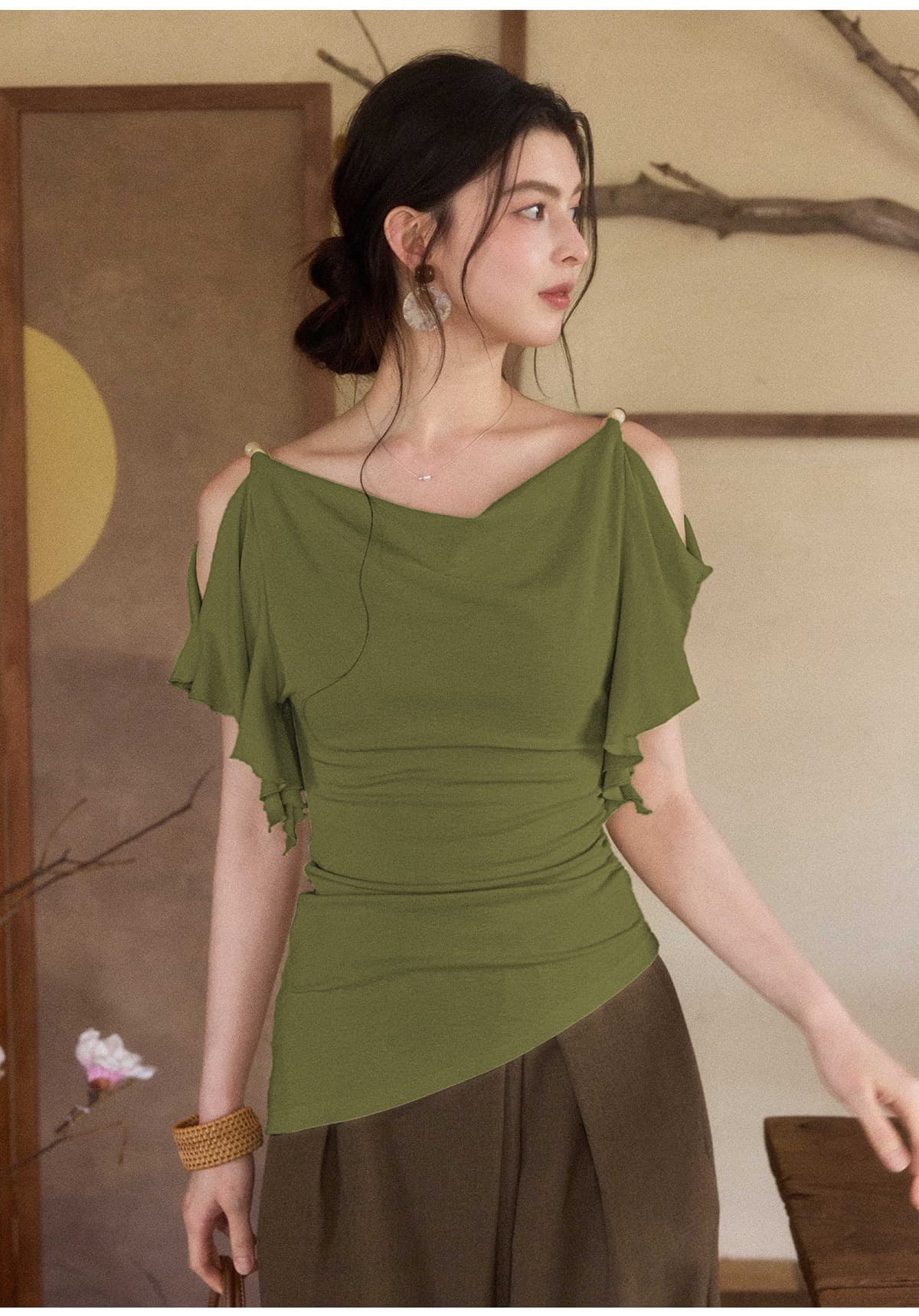 프랑스식 흔들다 칼라 프릴 오프숄더 티셔츠 여성 여름 디자인 센스 둘 착용 반팔 작은 셔츠 허리 수축 불규칙 맨위 상세 이미지 21
