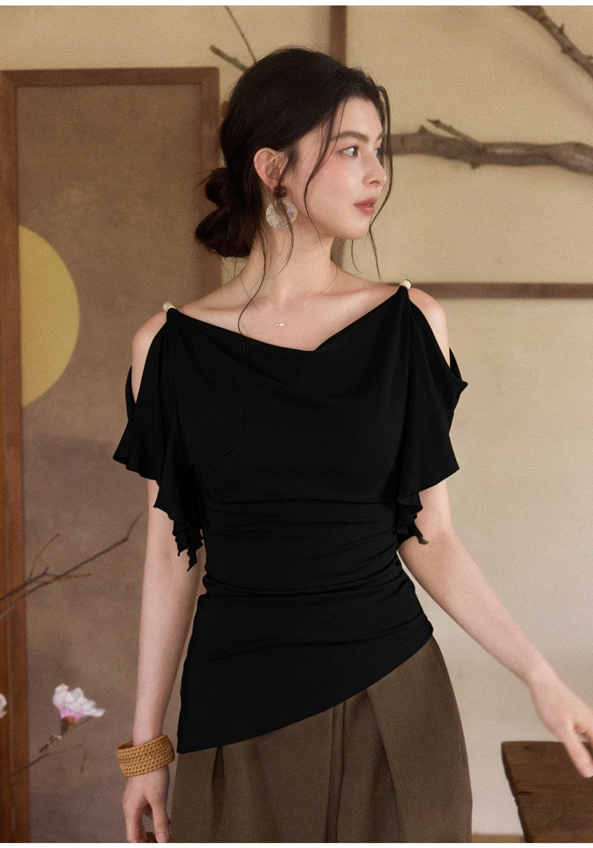 프랑스식 흔들다 칼라 프릴 오프숄더 티셔츠 여성 여름 디자인 센스 둘 착용 반팔 작은 셔츠 허리 수축 불규칙 맨위 상세 이미지 28
