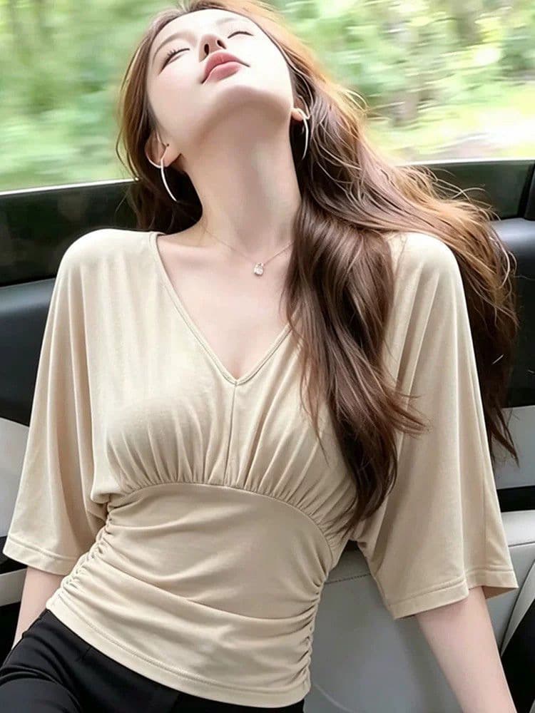주간 실크 리브 원본 것 부드러운 패션 V넥 5 점 소매 티셔츠 여성 여름 새로운 이미지 3