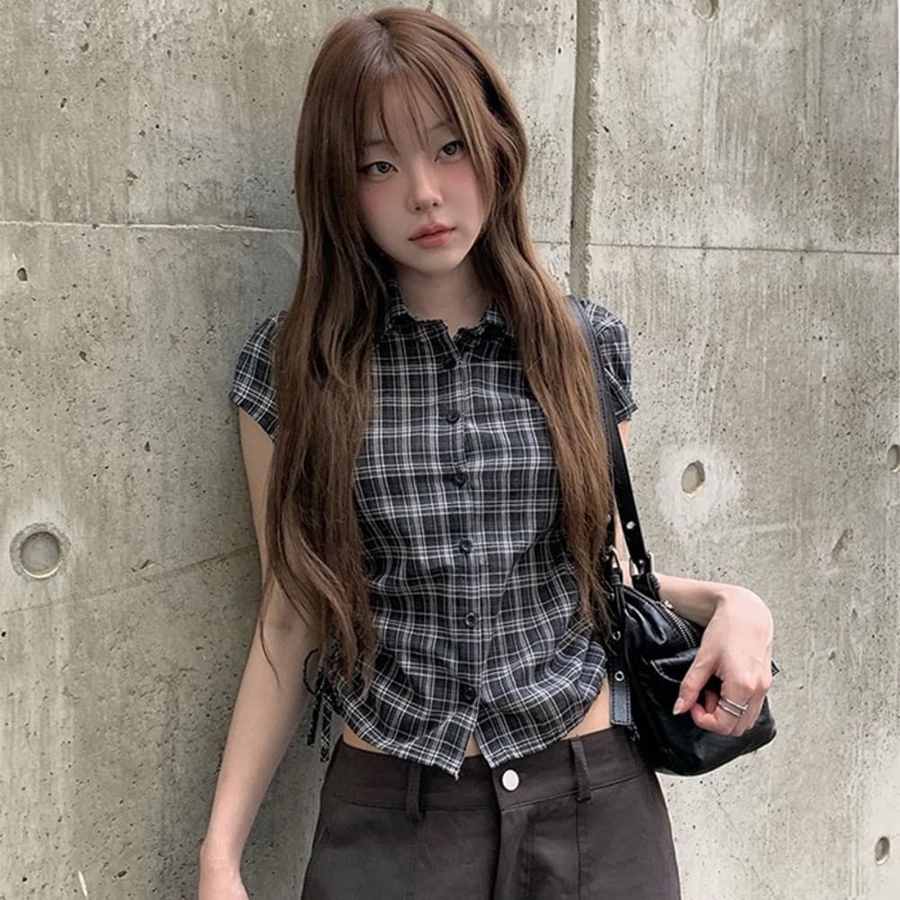 한 부서 여름 새로운 학원 스타일 다용도 디자인 센스 펌프 로프 쇼트 스타일 체크무늬 반팔 셔츠 맨위 여성 이미지 2