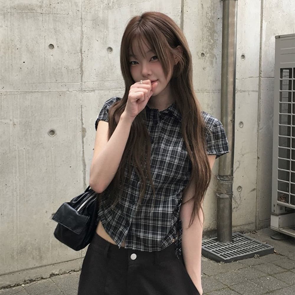 한 부서 여름 새로운 학원 스타일 다용도 디자인 센스 펌프 로프 쇼트 스타일 체크무늬 반팔 셔츠 맨위 여성 상세 이미지 7