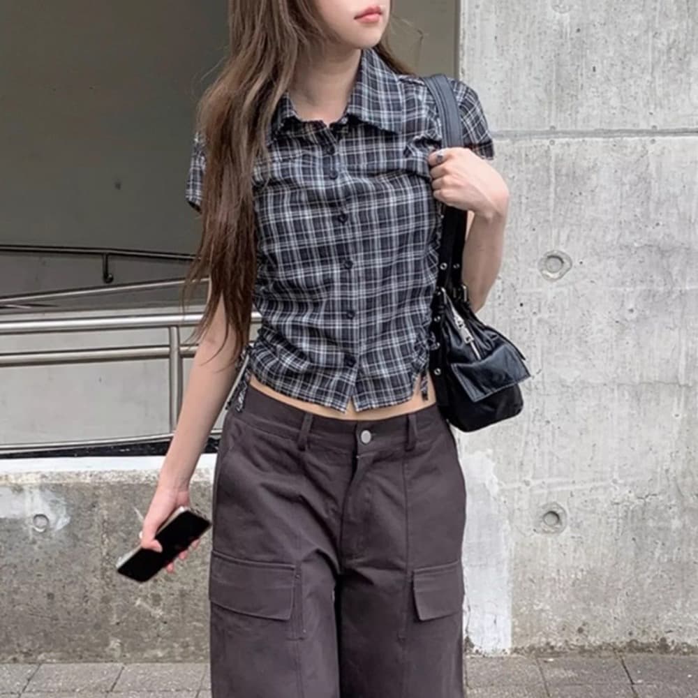 한 부서 여름 새로운 학원 스타일 다용도 디자인 센스 펌프 로프 쇼트 스타일 체크무늬 반팔 셔츠 맨위 여성 상세 이미지 8