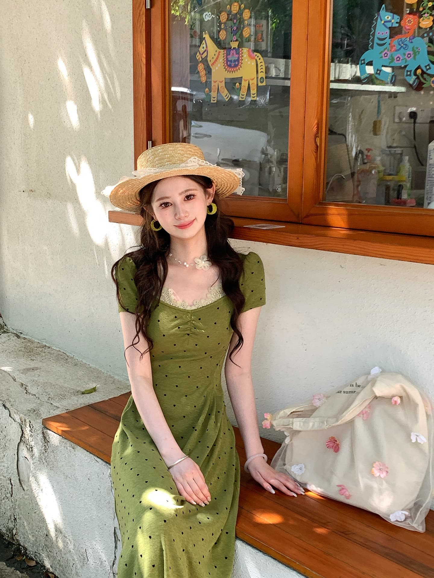 녹색 도트 무늬 광장 칼라 긍정적 인 어깨 반팔 여성 드레스 2026 봄 여름 새로운 빅 사이즈 지방 mm 센 부서 레트로 치마 상세 이미지 5