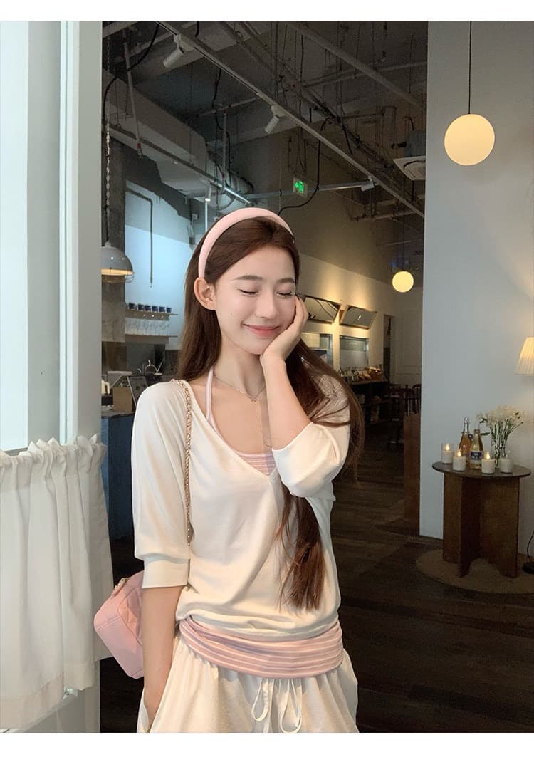 한 부서 느긋한 바람 투피스 세트 V넥 중간 소매 티셔츠 여성 여름 새로운 캐주얼 다용도 슬림해 보이는 자외선 차단 블라우스 맨위 이미지 2