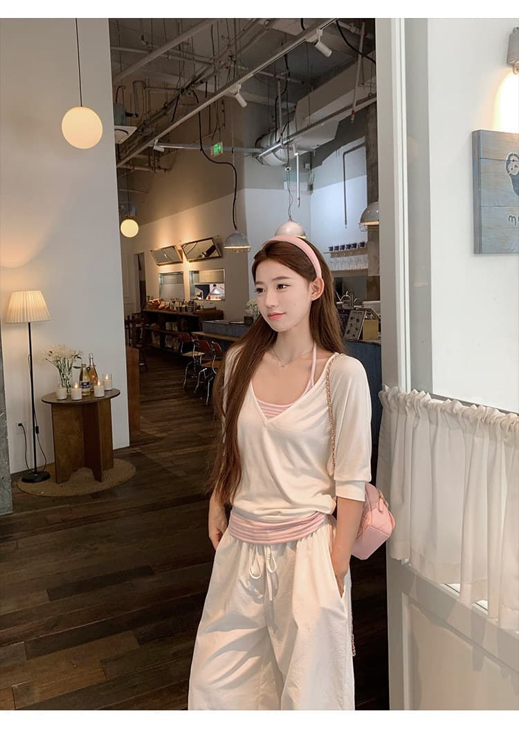 한 부서 느긋한 바람 투피스 세트 V넥 중간 소매 티셔츠 여성 여름 새로운 캐주얼 다용도 슬림해 보이는 자외선 차단 블라우스 맨위 이미지 3