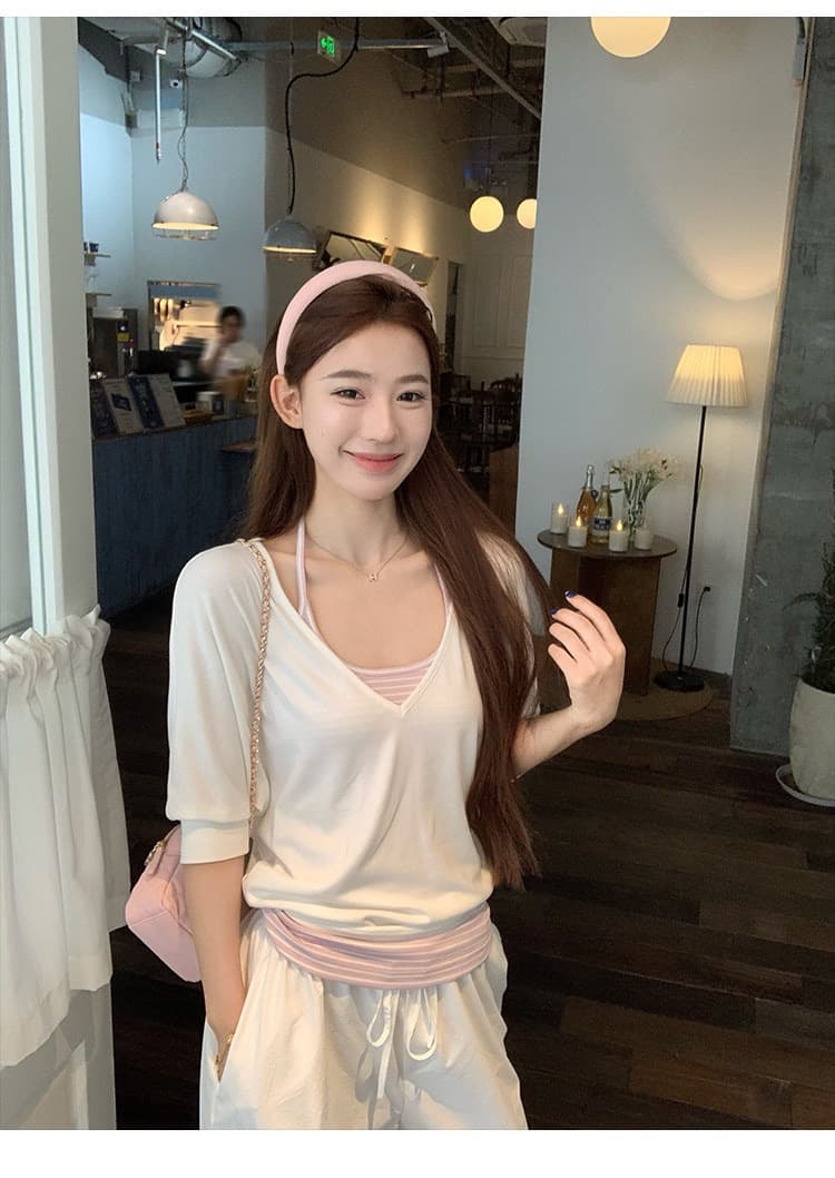 한 부서 느긋한 바람 투피스 세트 V넥 중간 소매 티셔츠 여성 여름 새로운 캐주얼 다용도 슬림해 보이는 자외선 차단 블라우스 맨위 상세 이미지 10