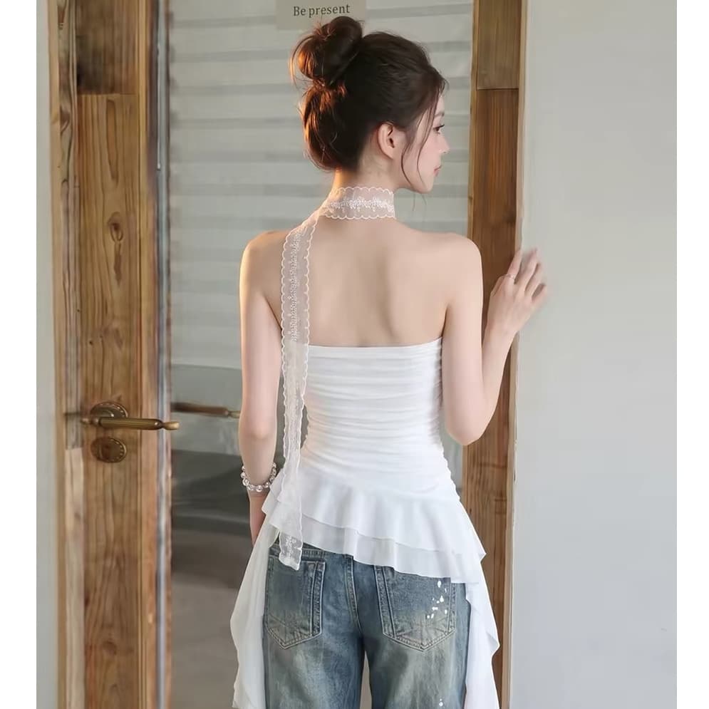 요정 가스 펄럭 이는 품격 여신 불규칙 우아한 술 디자인 센스 몸매 가꾸기 다용도 튜브탑 여성 이미지 2