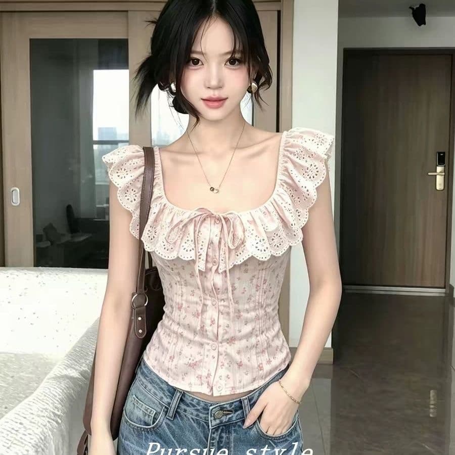 분말 라임 꽃 리플 핑크색 꽃무늬 프릴 여성 셔츠 여름 디자인 센스 작은 셔츠 프랑스식 허리 수축 맨위 트렌디 상세 이미지 7