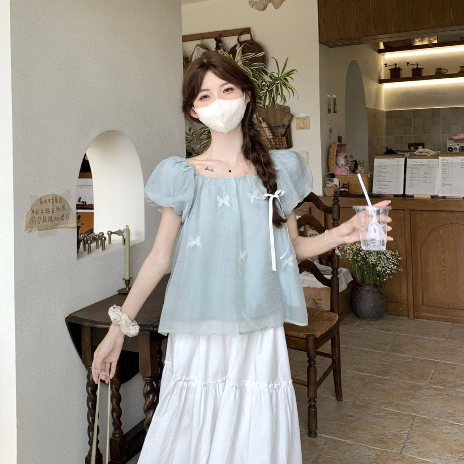화이트 거품 소매 쉬폰 톱 여성 여름 프랑스식 인형 셔츠 쇼트 스타일 고유 한 작은 셔츠 반팔 셔츠 빅 사이즈 지방 mm 이미지 2