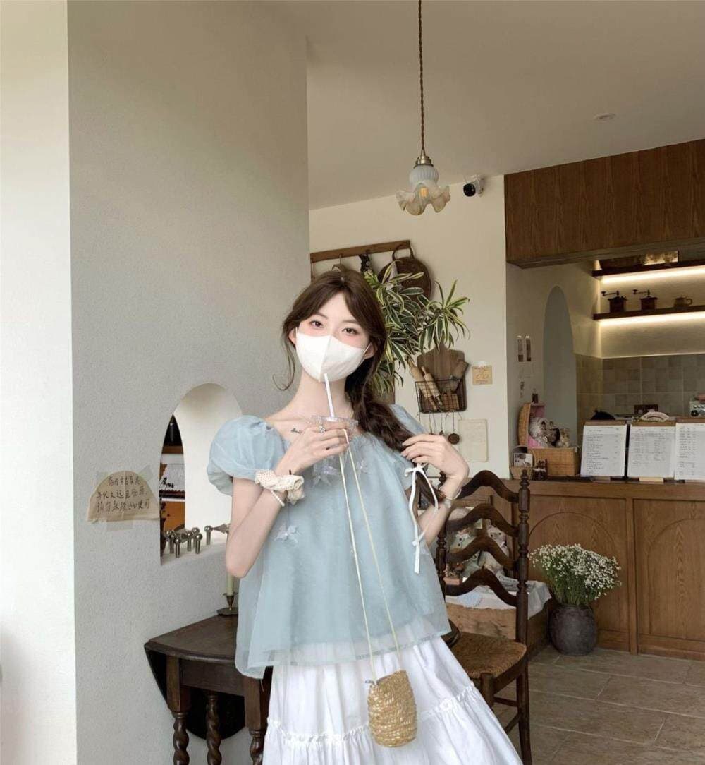 화이트 거품 소매 쉬폰 톱 여성 여름 프랑스식 인형 셔츠 쇼트 스타일 고유 한 작은 셔츠 반팔 셔츠 빅 사이즈 지방 mm 상세 이미지 8