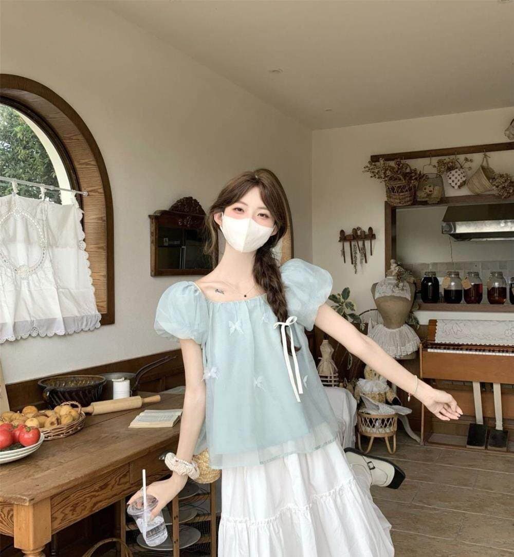화이트 거품 소매 쉬폰 톱 여성 여름 프랑스식 인형 셔츠 쇼트 스타일 고유 한 작은 셔츠 반팔 셔츠 빅 사이즈 지방 mm 상세 이미지 9