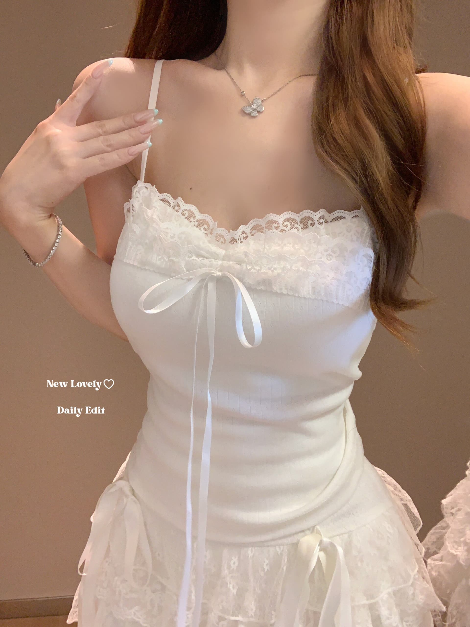miu 부서 소녀 센스 달콤함 화이트 레이스 캐미솔 여름 외출용 나비 매듭 스트랩 섹시함 맨위 상세 이미지 4