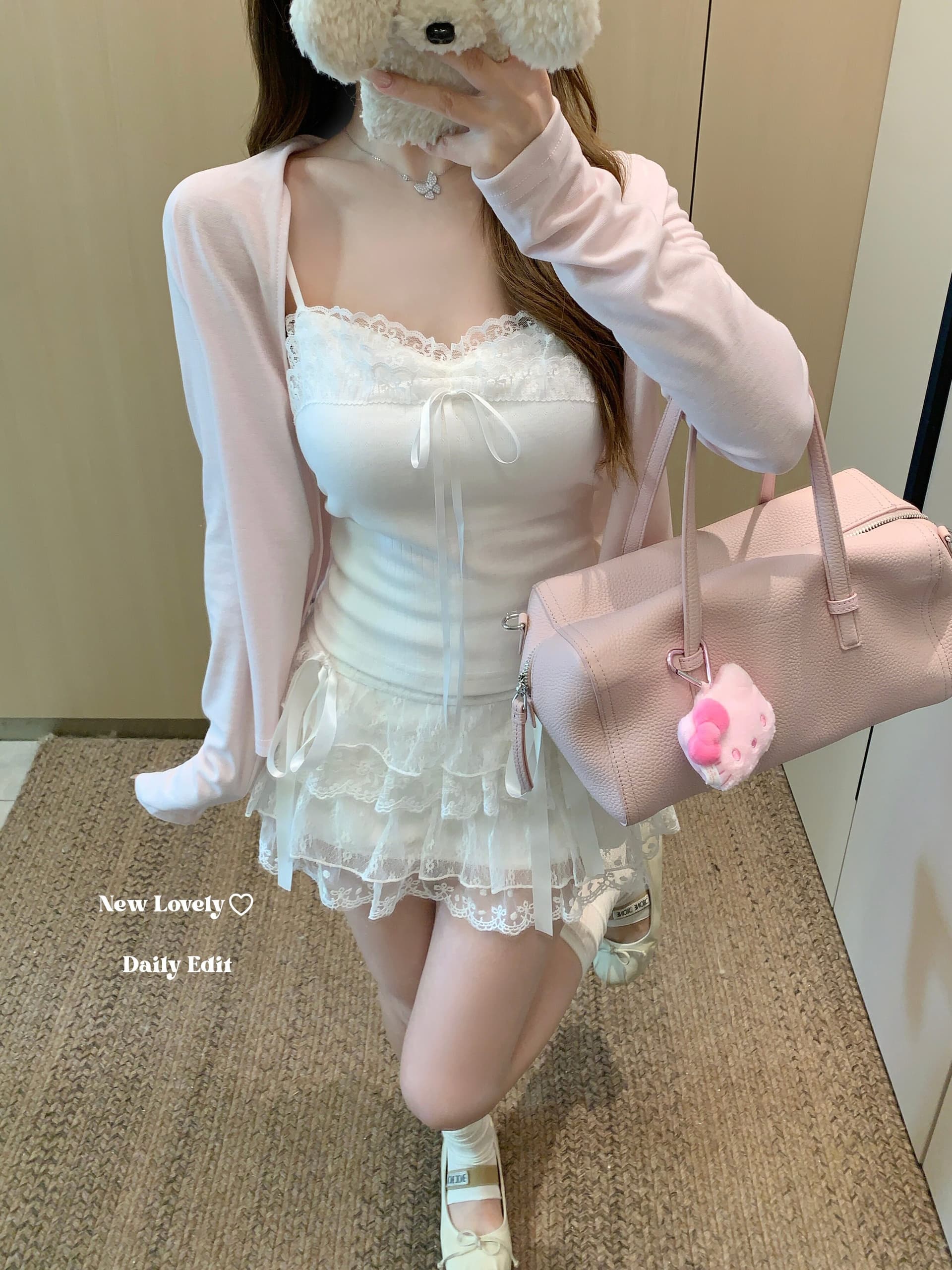 miu 부서 소녀 센스 달콤함 화이트 레이스 캐미솔 여름 외출용 나비 매듭 스트랩 섹시함 맨위 상세 이미지 6