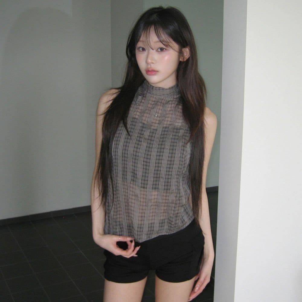 한 부서 디자인 센스 스탠드 칼라 행침 목 나비 매듭 스트랩 질감 센스 주름 체크무늬 민소매 조끼 작은 셔츠 상세 이미지 2