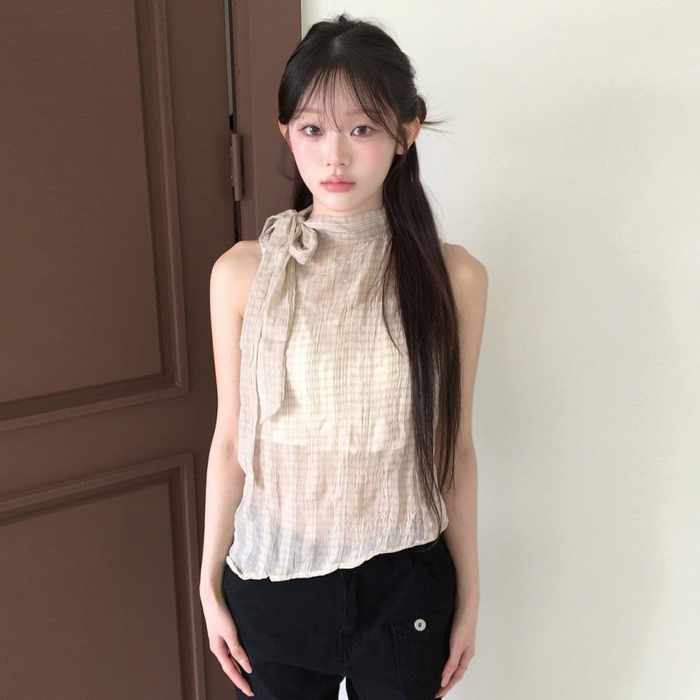 한 부서 디자인 센스 스탠드 칼라 행침 목 나비 매듭 스트랩 질감 센스 주름 체크무늬 민소매 조끼 작은 셔츠 상세 이미지 4