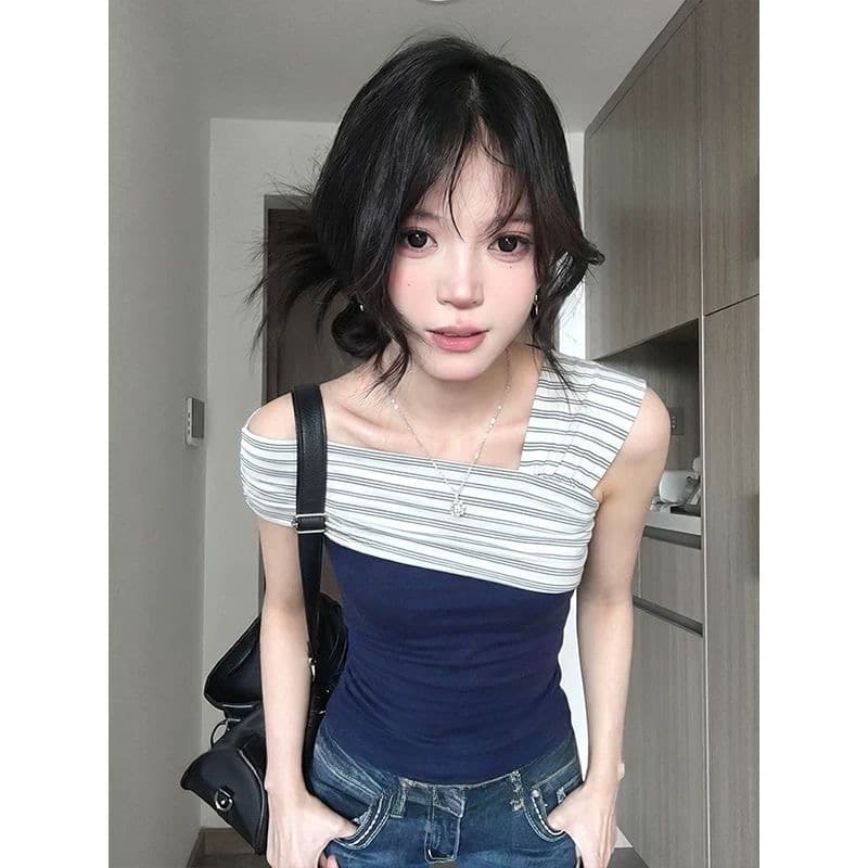 한 부서 핫걸 비스듬한 어깨 스트라이프 패치워크 티셔츠 여성 여름 작은 대중 디자인 센스 몸매 가꾸기 슬림해 보이는 오프숄더 반팔 맨위 h 이미지 3