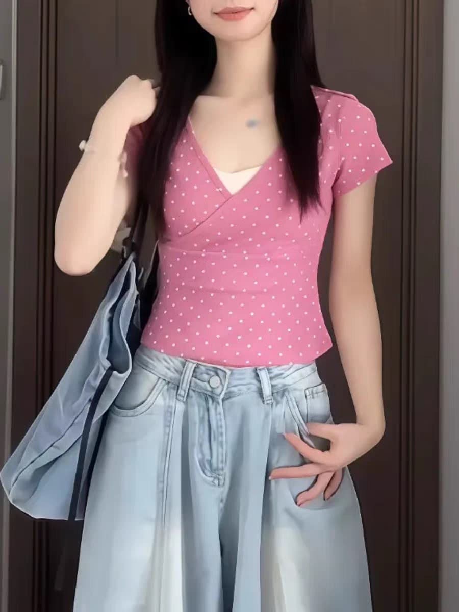 40 면 1 1 오스트리아 세대 서울 220 그램 한 부서 달콤함 도트 무늬 V넥 장미 핑크색 반팔 티셔츠 여성 이미지 2
