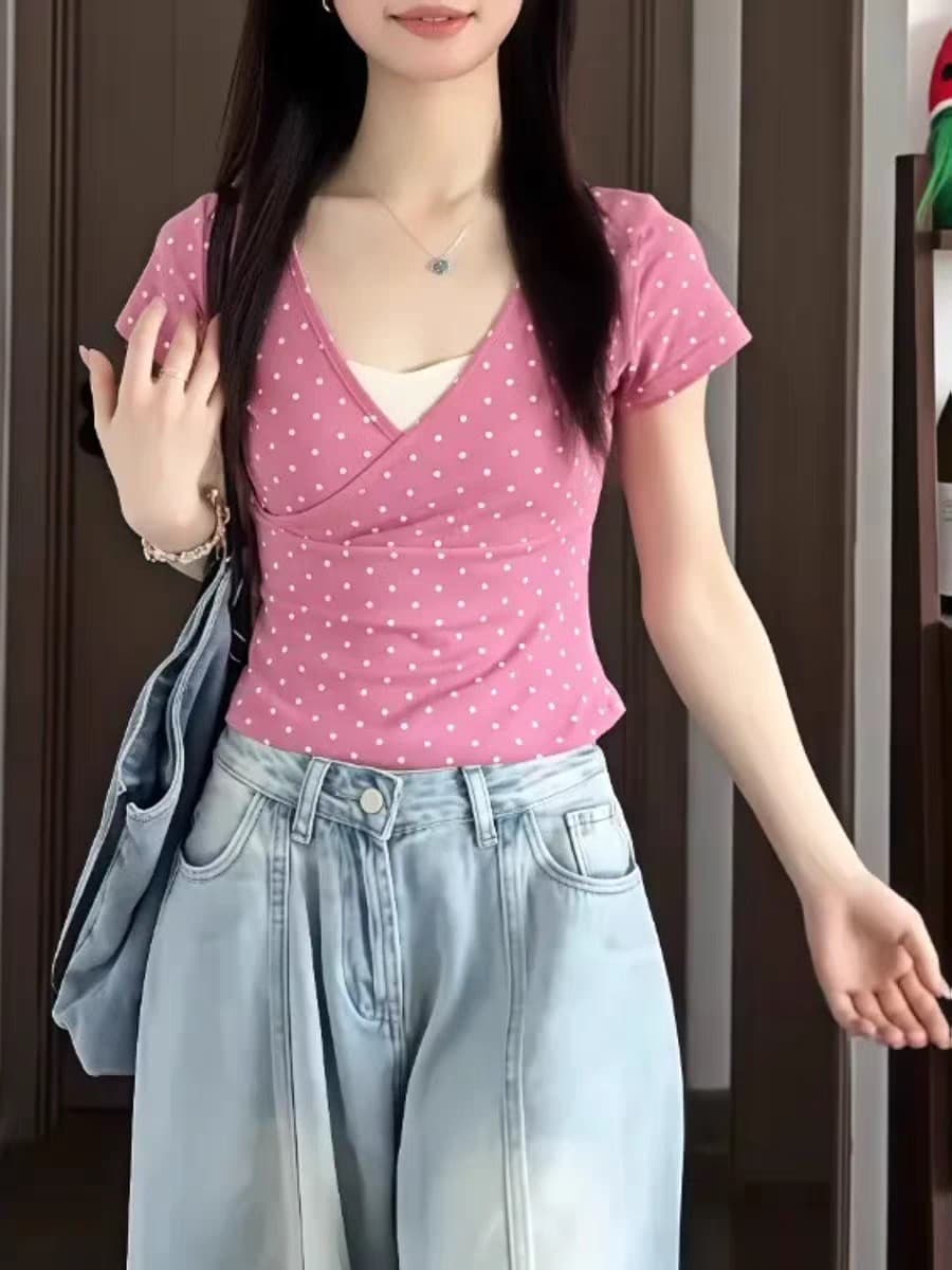 40 면 1 1 오스트리아 세대 서울 220 그램 한 부서 달콤함 도트 무늬 V넥 장미 핑크색 반팔 티셔츠 여성 이미지 3