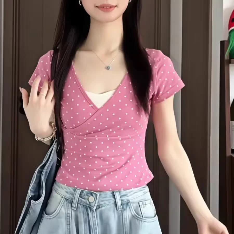 40 면 1 1 오스트리아 세대 서울 220 그램 한 부서 달콤함 도트 무늬 V넥 장미 핑크색 반팔 티셔츠 여성 이미지 5
