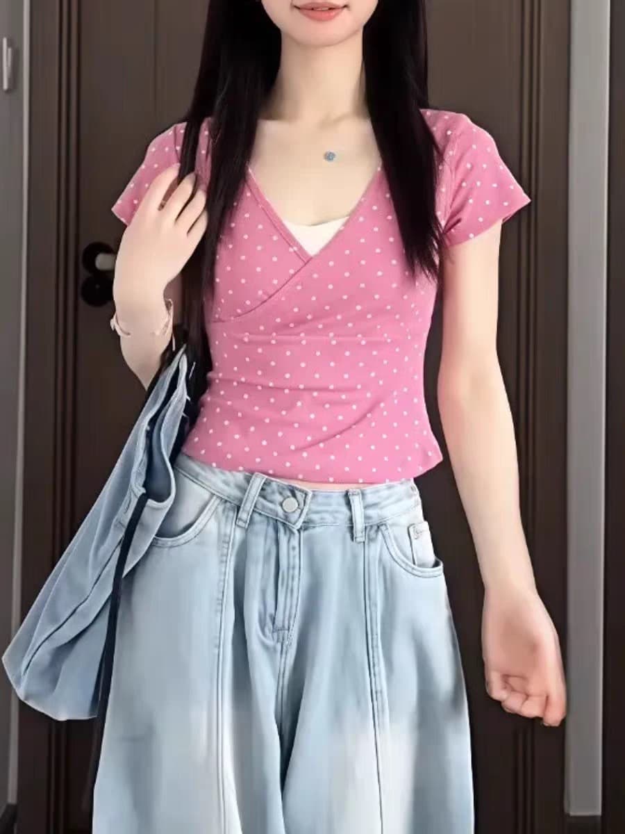 40 면 1 1 오스트리아 세대 서울 220 그램 한 부서 달콤함 도트 무늬 V넥 장미 핑크색 반팔 티셔츠 여성 상세 이미지 2