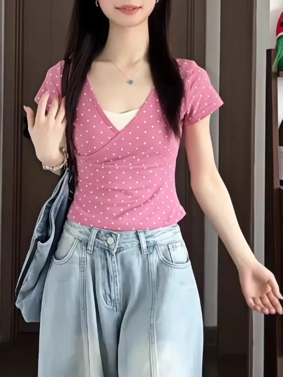 40 면 1 1 오스트리아 세대 서울 220 그램 한 부서 달콤함 도트 무늬 V넥 장미 핑크색 반팔 티셔츠 여성 상세 이미지 6