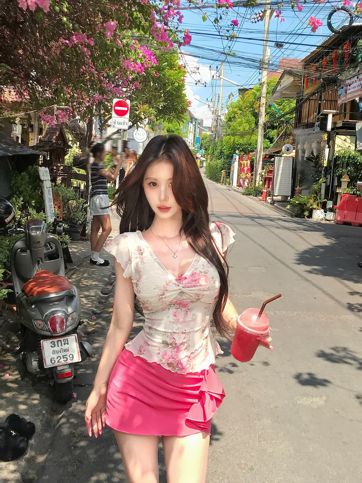 달콤한 매운맛 섹시함 꽃무늬 레이스 V넥 맨위 여성 여름 새로운 착용 가져 가라. 달콤함 순수한 욕망 반팔 미니 스커트 투피스 세트 상세 이미지 10