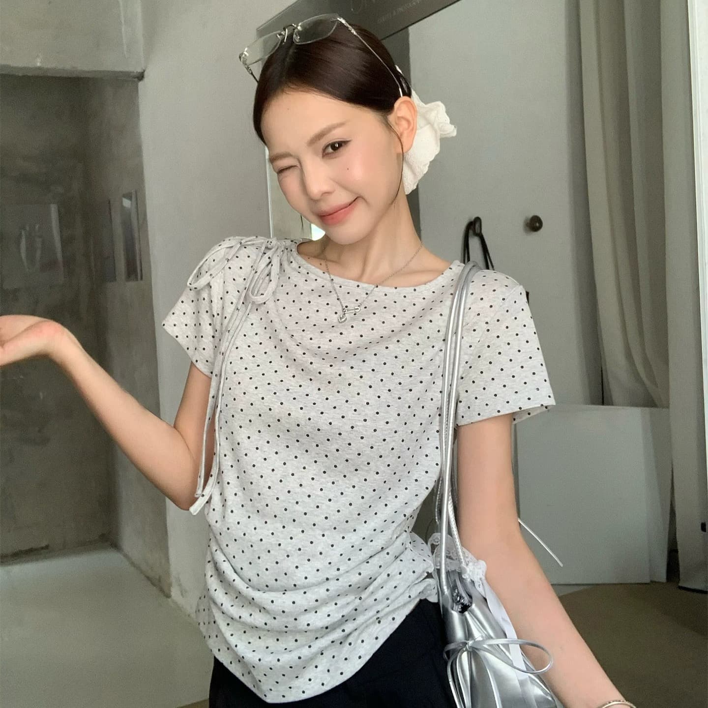 사람들 면 40 색상 회색 리브 여름 새로운 아메리칸 핫걸 바람 주름 허리 수축 슬림해 보이는 맨위 이미지 2
