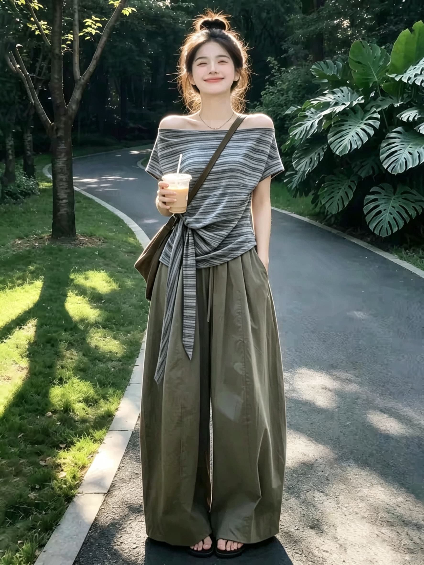 자이언트 잘 생긴 ootd 착용 가져 가라. 전체 집합 2026 새로운 비스듬한 어깨 스트라이프 티셔츠 여성 여름 와이드 레그 팬츠 어린이 투피스 세트 상세 이미지 5