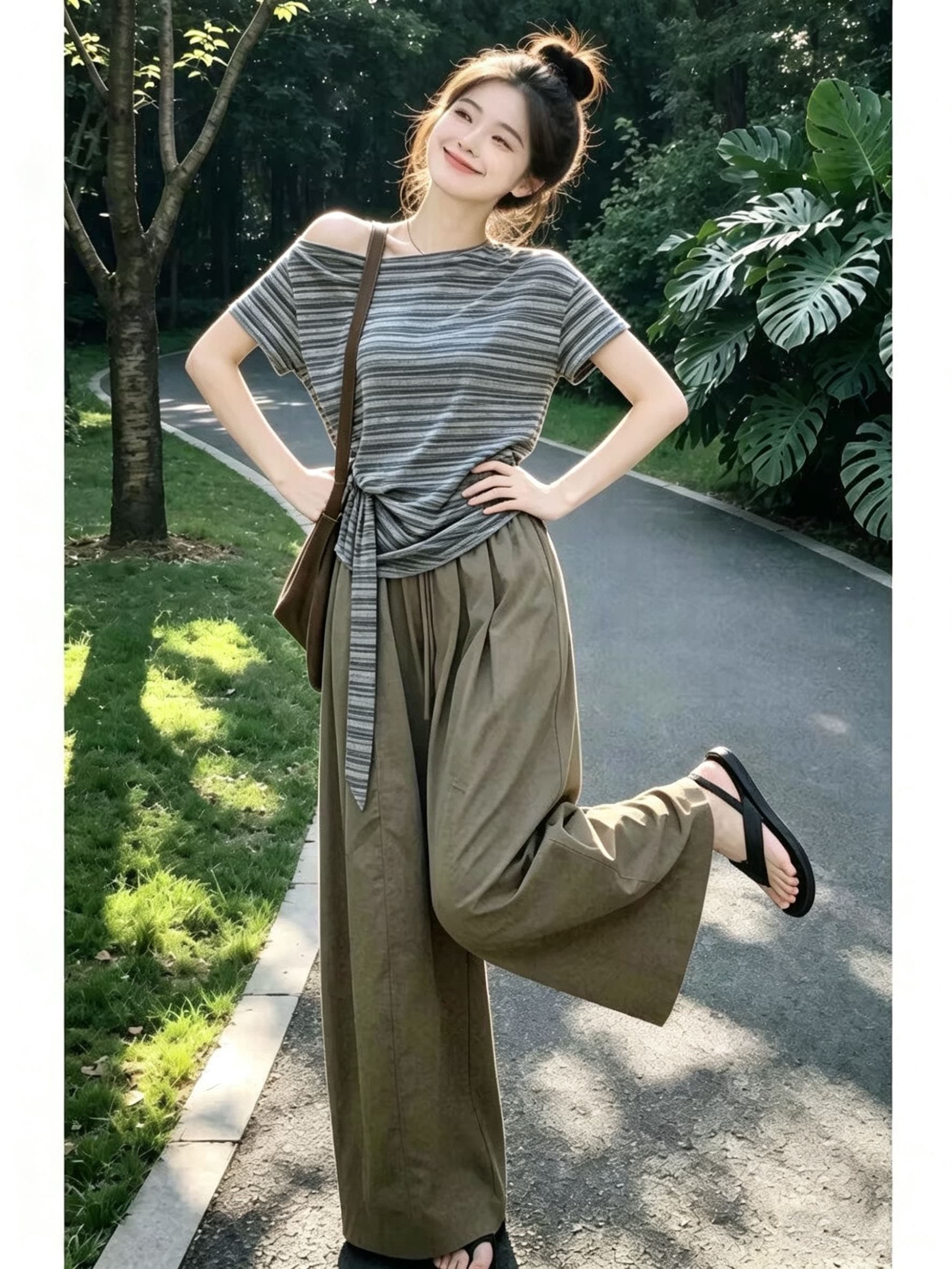 자이언트 잘 생긴 ootd 착용 가져 가라. 전체 집합 2026 새로운 비스듬한 어깨 스트라이프 티셔츠 여성 여름 와이드 레그 팬츠 어린이 투피스 세트 상세 이미지 7