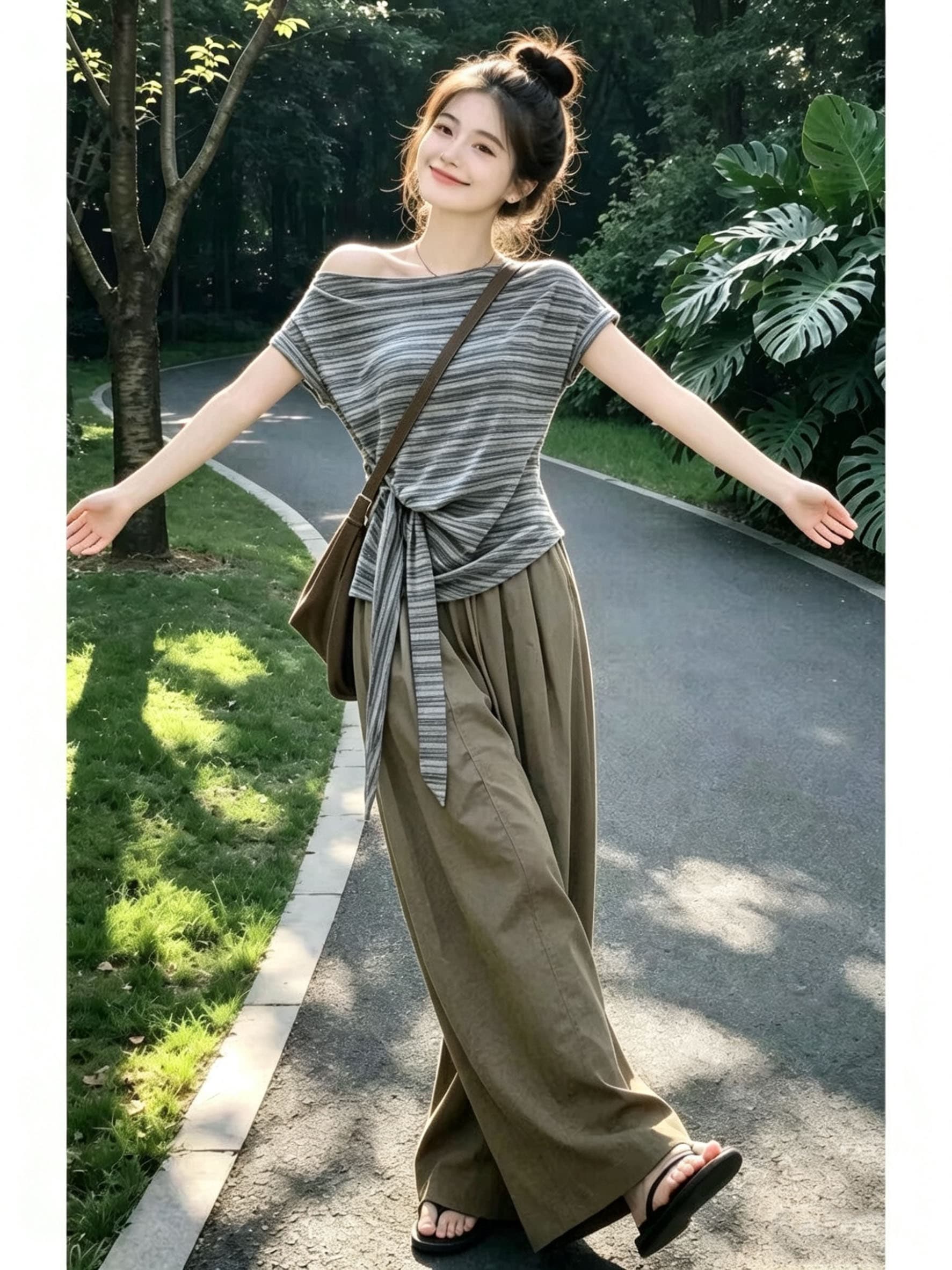 자이언트 잘 생긴 ootd 착용 가져 가라. 전체 집합 2026 새로운 비스듬한 어깨 스트라이프 티셔츠 여성 여름 와이드 레그 팬츠 어린이 투피스 세트 상세 이미지 8