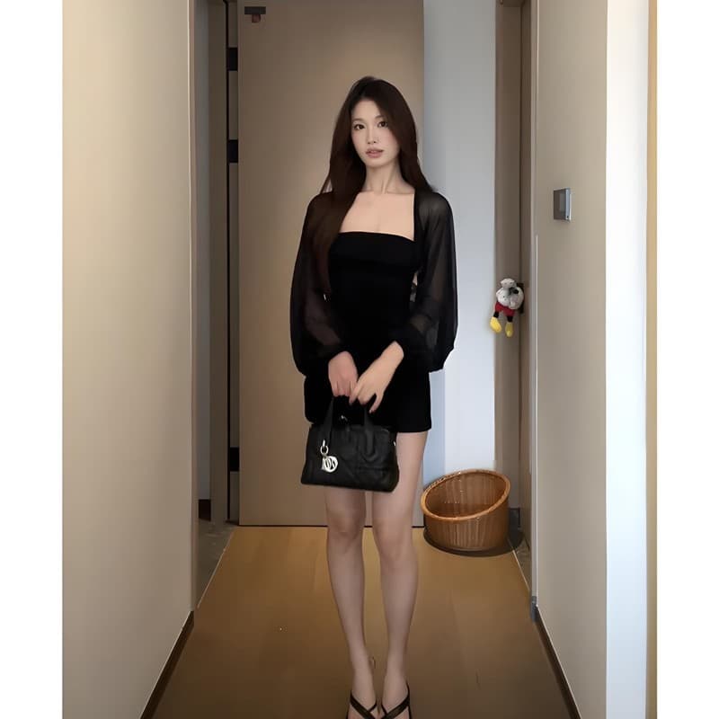 경관 그림 정가 사람들 면 260 그램 핫걸 망사 패치워크 벌룬 소매 긴팔 티셔츠 여성 여름 마이크로 ~을 통해 의류 여성 이미지 2