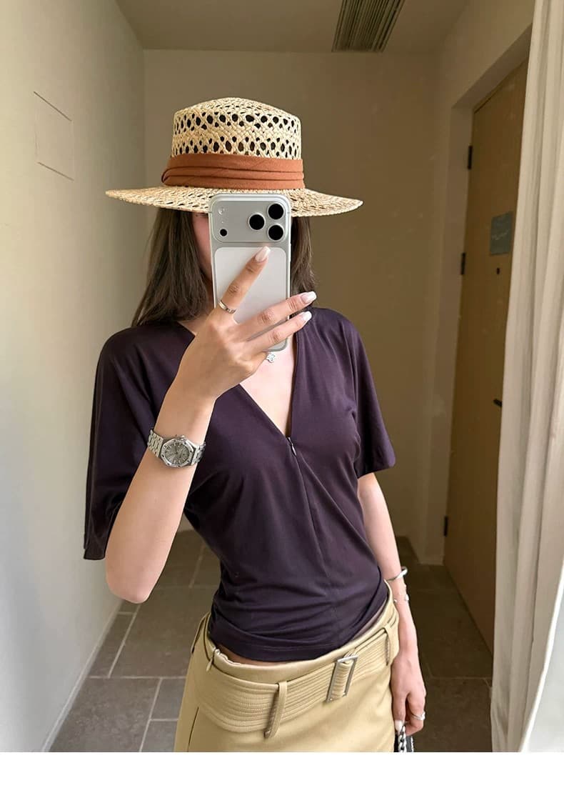 40 사람들 면 260 그램 언더 지퍼 막대기 여름 새로운 여성 배트윙 소매 허리 수축 슬림해 보이는 맨위