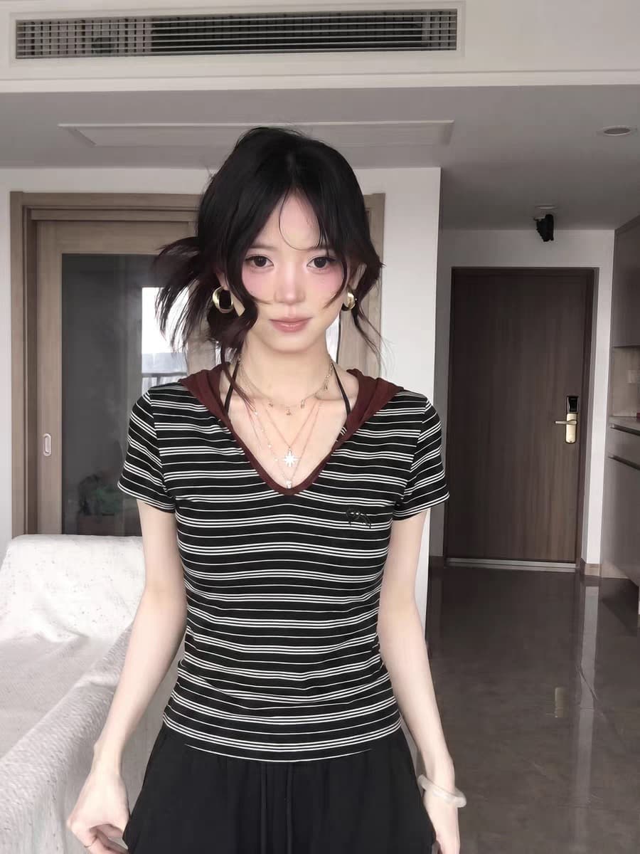 원본 주간 실크 컬러 짜임 기사 85 폴리에스터 10 명 면 5 암모니아 Lun 자수 한 부서 스트라이프 반팔 여성 이미지 3