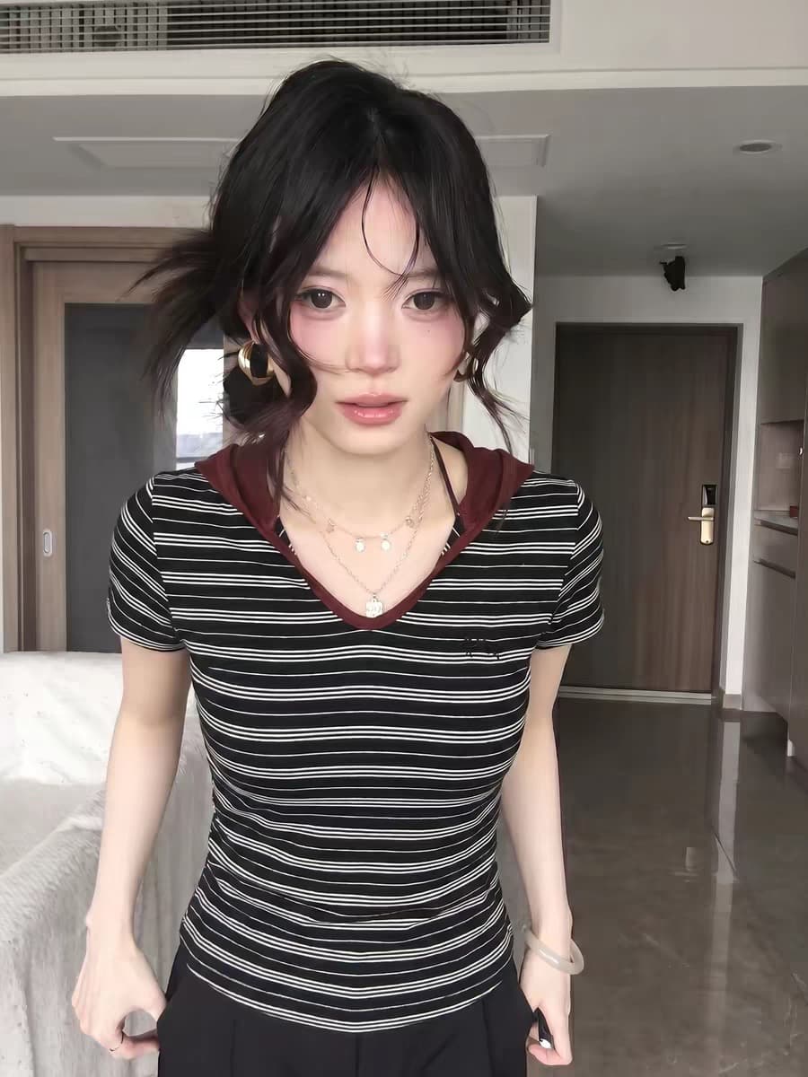원본 주간 실크 컬러 짜임 기사 85 폴리에스터 10 명 면 5 암모니아 Lun 자수 한 부서 스트라이프 반팔 여성 이미지 4