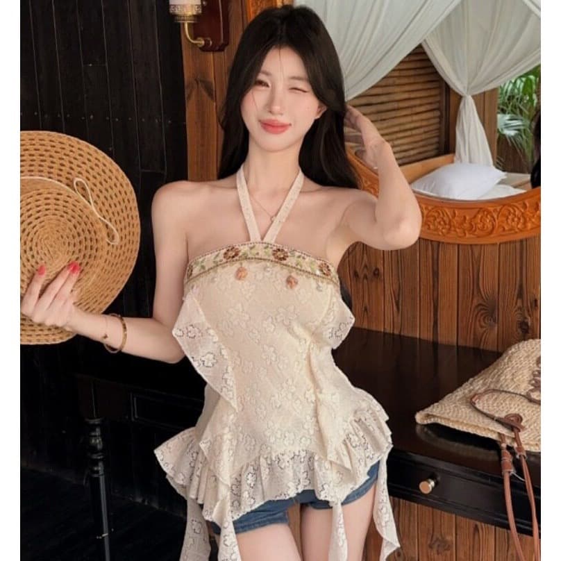 레트로 보헤미안 바람 섹시함 한 단어 오프숄더 슬립 여성 불규칙 허리 수축 슬림해 보이는 리본 디자인 센스 맨위