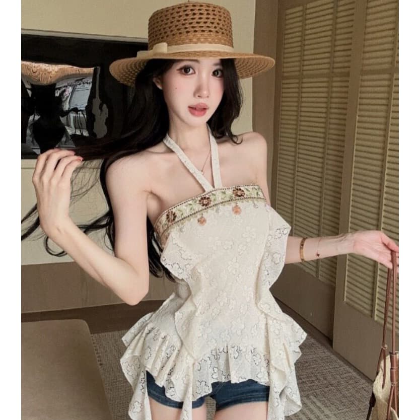 레트로 보헤미안 바람 섹시함 한 단어 오프숄더 슬립 여성 불규칙 허리 수축 슬림해 보이는 리본 디자인 센스 맨위 이미지 2