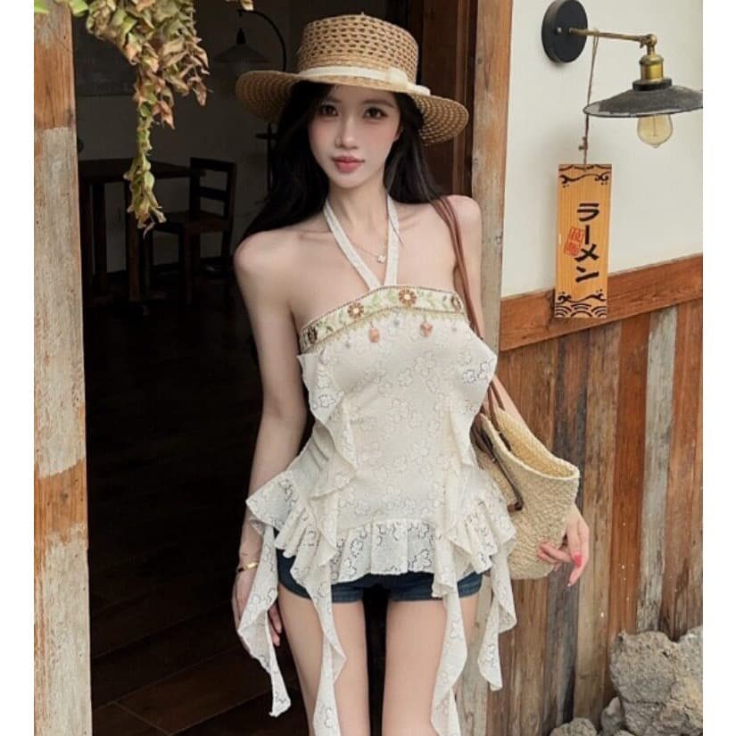 레트로 보헤미안 바람 섹시함 한 단어 오프숄더 슬립 여성 불규칙 허리 수축 슬림해 보이는 리본 디자인 센스 맨위 상세 이미지 4
