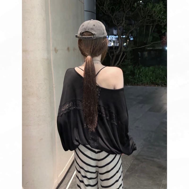 모달 사람들 면 200그램 원본 대 핏 스타일 홀로우 아웃 레이스 여름 자외선 차단 블라우스 루즈핏 배트윙 소매 이미지 3