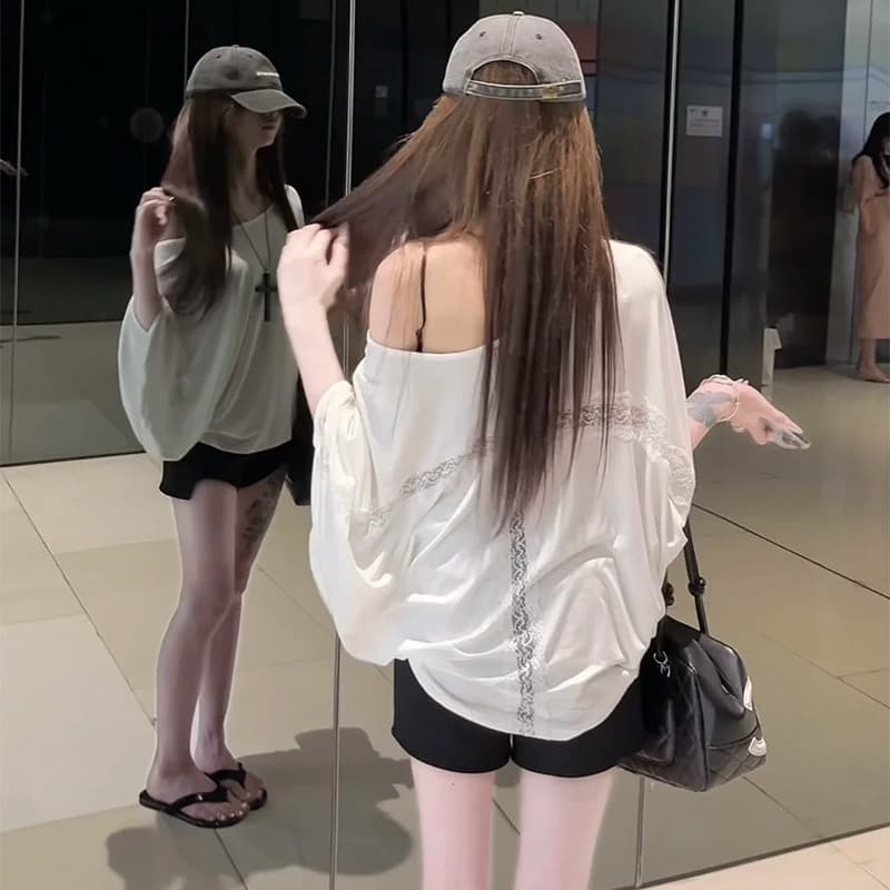 모달 사람들 면 200그램 원본 대 핏 스타일 홀로우 아웃 레이스 여름 자외선 차단 블라우스 루즈핏 배트윙 소매 상세 이미지 2