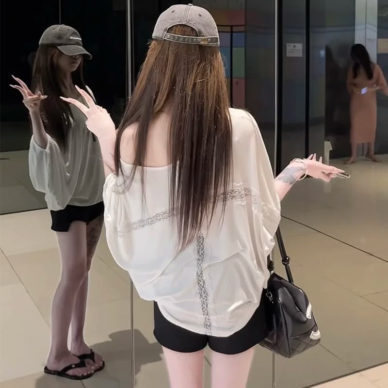 모달 사람들 면 200그램 원본 대 핏 스타일 홀로우 아웃 레이스 여름 자외선 차단 블라우스 루즈핏 배트윙 소매 상세 이미지 4