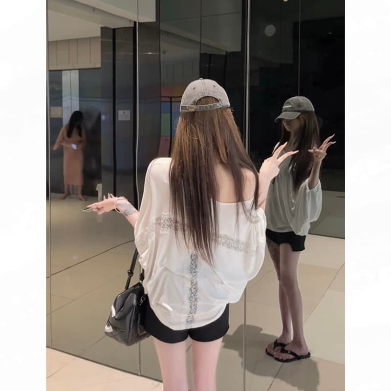 모달 사람들 면 200그램 원본 대 핏 스타일 홀로우 아웃 레이스 여름 자외선 차단 블라우스 루즈핏 배트윙 소매 상세 이미지 8
