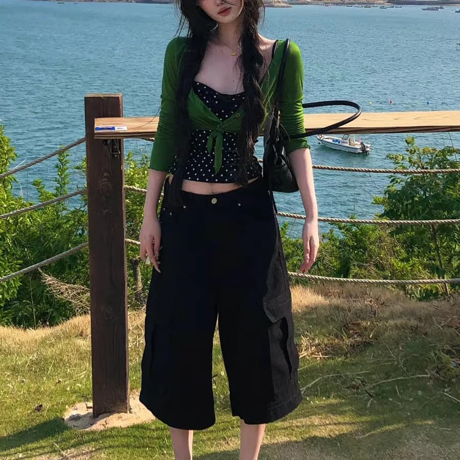 얇고 가벼운 긴팔 V넥 단추 디스플레이 화이트 레이스업 오픈 가디건 초록 초록 맨위 블라우스 여성 인사이드 가져 가라. 도트 무늬 투피스 조끼 이미지 2