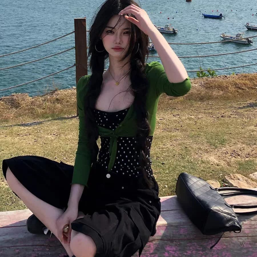 얇고 가벼운 긴팔 V넥 단추 디스플레이 화이트 레이스업 오픈 가디건 초록 초록 맨위 블라우스 여성 인사이드 가져 가라. 도트 무늬 투피스 조끼 상세 이미지 6