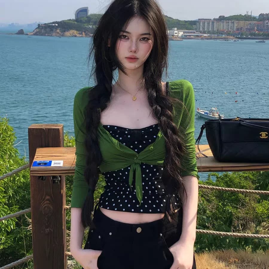 얇고 가벼운 긴팔 V넥 단추 디스플레이 화이트 레이스업 오픈 가디건 초록 초록 맨위 블라우스 여성 인사이드 가져 가라. 도트 무늬 투피스 조끼 상세 이미지 8