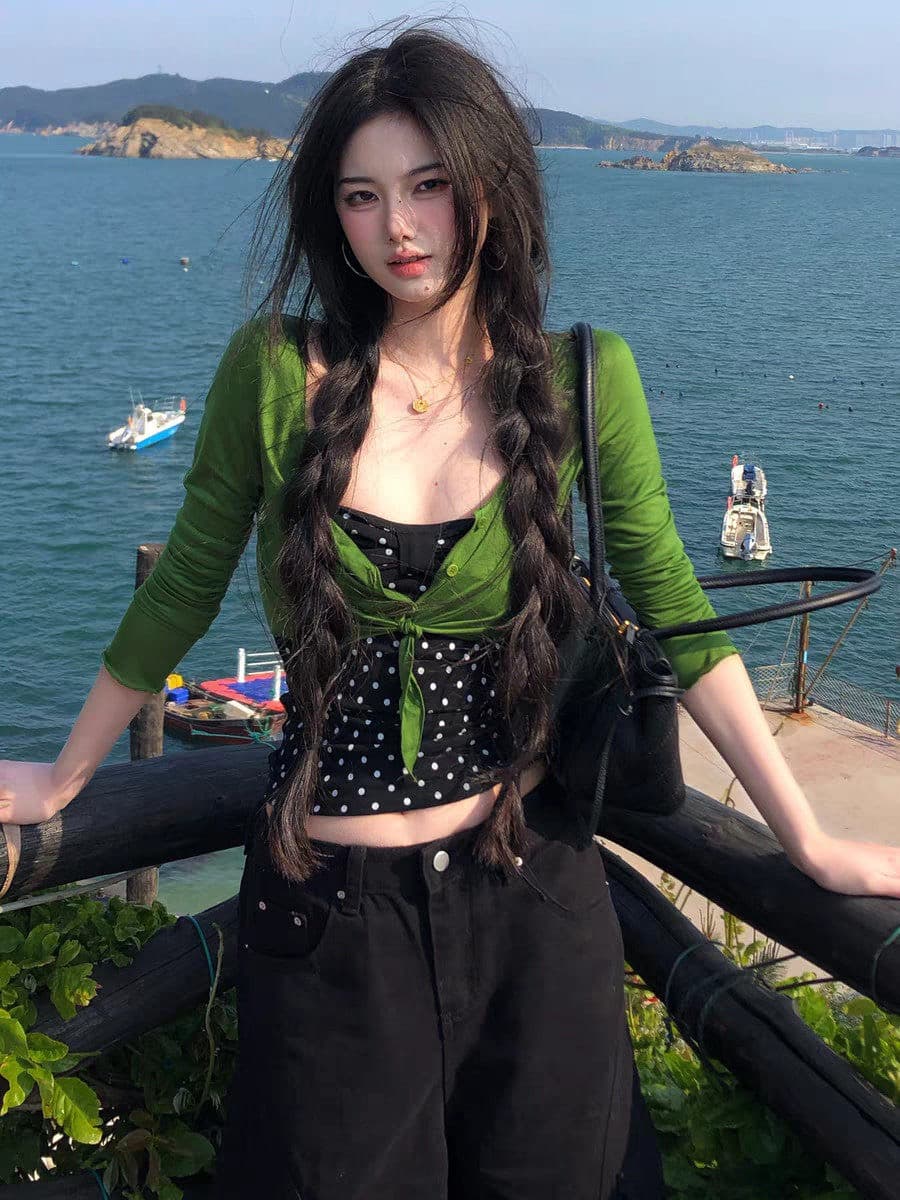 얇고 가벼운 긴팔 V넥 단추 디스플레이 화이트 레이스업 오픈 가디건 초록 초록 맨위 블라우스 여성 인사이드 가져 가라. 도트 무늬 투피스 조끼 상세 이미지 9