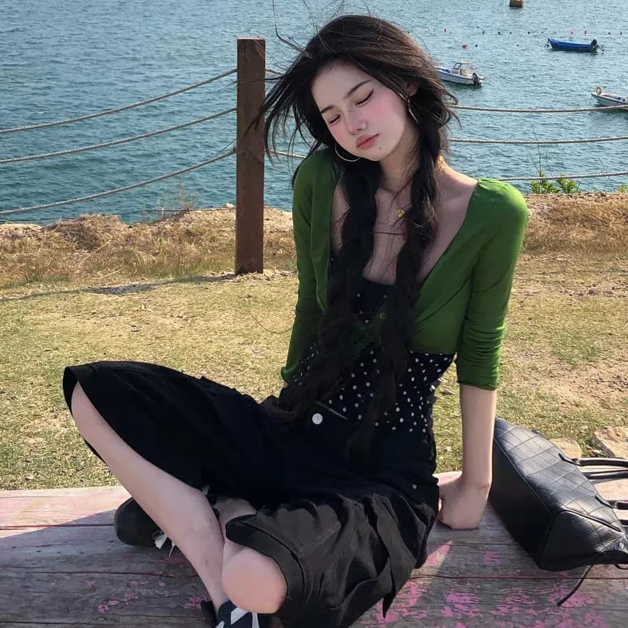 얇고 가벼운 긴팔 V넥 단추 디스플레이 화이트 레이스업 오픈 가디건 초록 초록 맨위 블라우스 여성 인사이드 가져 가라. 도트 무늬 투피스 조끼 상세 이미지 10